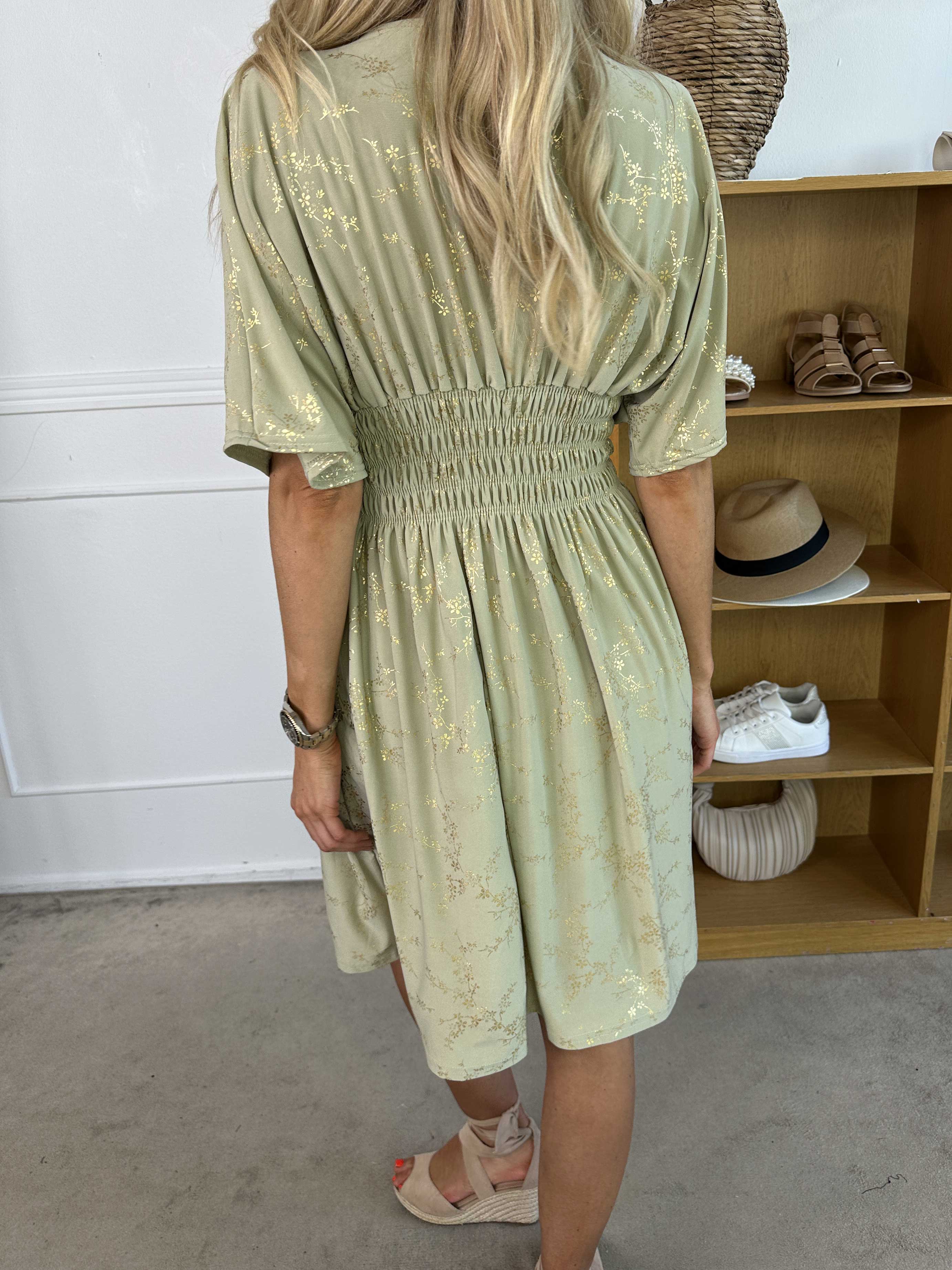 Pams Gold Short - Elastisk kjole detaljeret med guld blomster